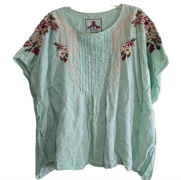 Johnny Was Rosalie Linen Pintuck Poncho Top Cool Mint Green Embroidered Large - Picture 2 of 8